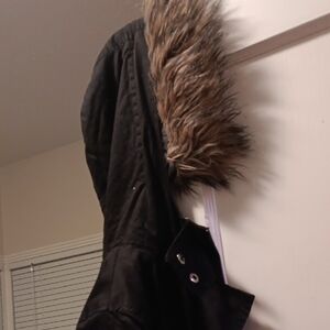 Black Coat with Faux Fur Trim